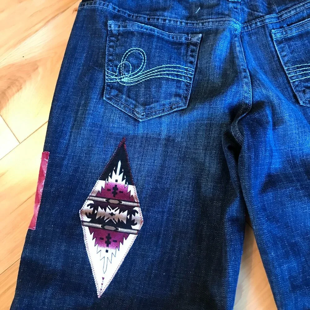 Upcycled Southwest Aztec Patchwork Denim Capris Western Gauchos Size 7-8